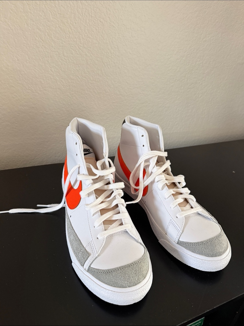 Nike Blazer White High-Top Sneakers with Bright Orange Swoosh and Gray Suede